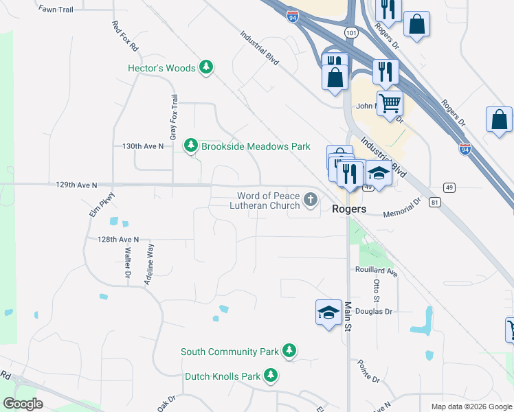 map of restaurants, bars, coffee shops, grocery stores, and more near 21845 129th Avenue North in Rogers