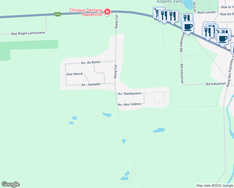 map of restaurants, bars, coffee shops, grocery stores, and more near 16 Avenue Deslauriers in Napierville