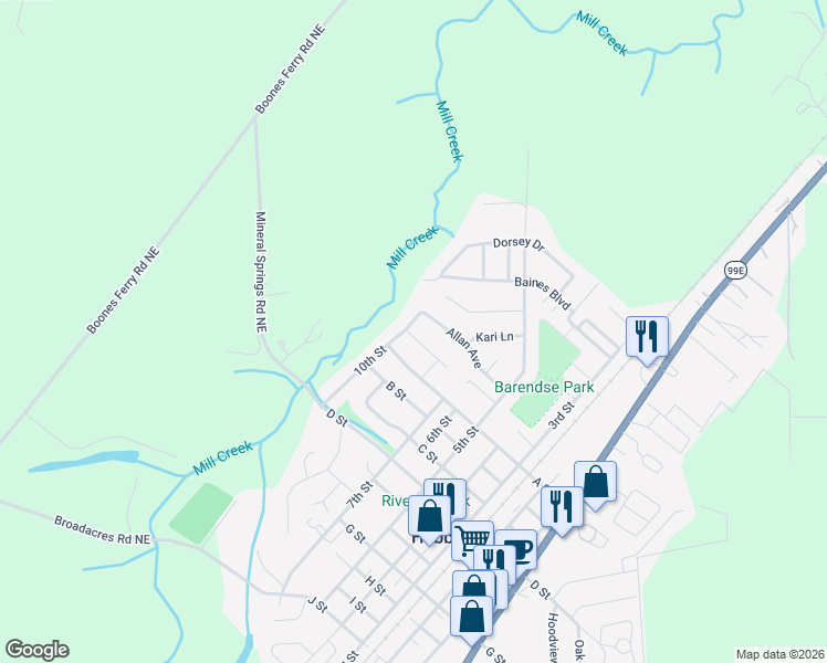 map of restaurants, bars, coffee shops, grocery stores, and more near 2155 A Street in Hubbard