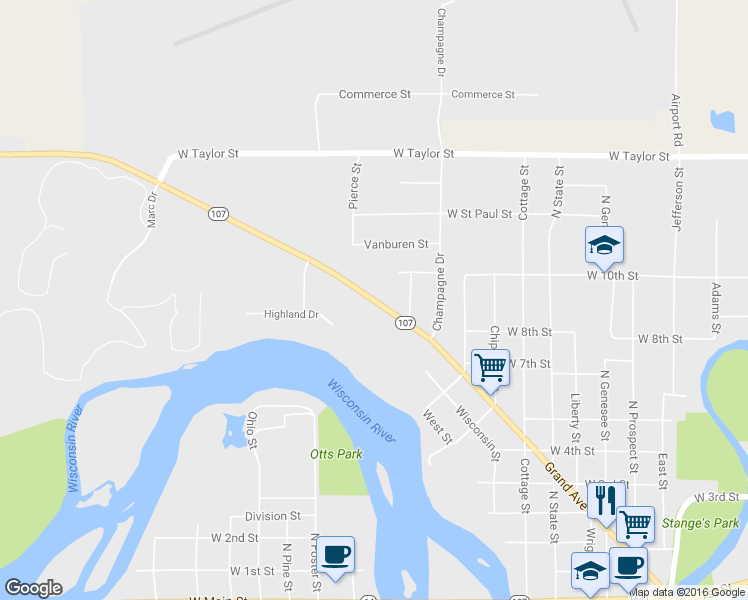 map of restaurants, bars, coffee shops, grocery stores, and more near 1300 Grand Avenue in Merrill