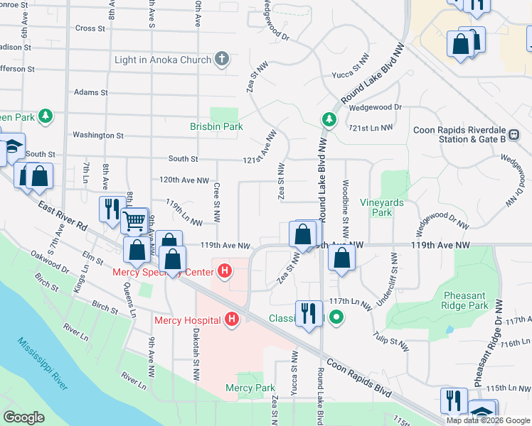 map of restaurants, bars, coffee shops, grocery stores, and more near 3955 119th Avenue Northwest in Minneapolis