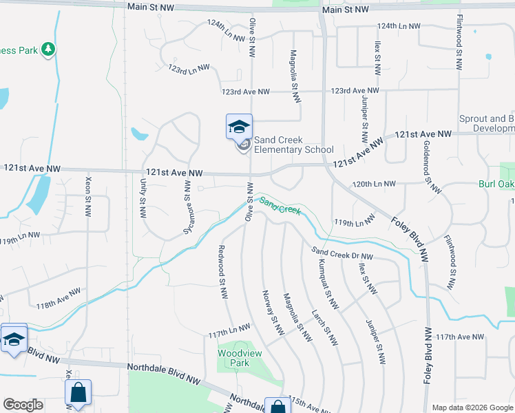 map of restaurants, bars, coffee shops, grocery stores, and more near 11959 Olive Street Northwest in Minneapolis