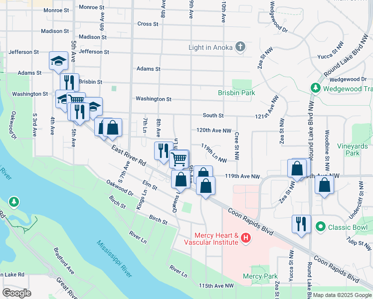 map of restaurants, bars, coffee shops, grocery stores, and more near 11993 9th Avenue Northwest in Coon Rapids