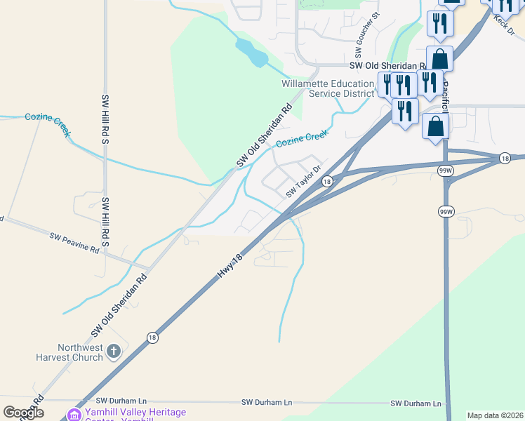 map of restaurants, bars, coffee shops, grocery stores, and more near 1664 Southwest Creekside Lane in McMinnville