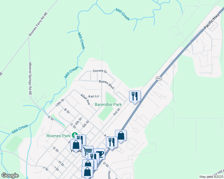 map of restaurants, bars, coffee shops, grocery stores, and more near 2542 Baines Boulevard in Hubbard