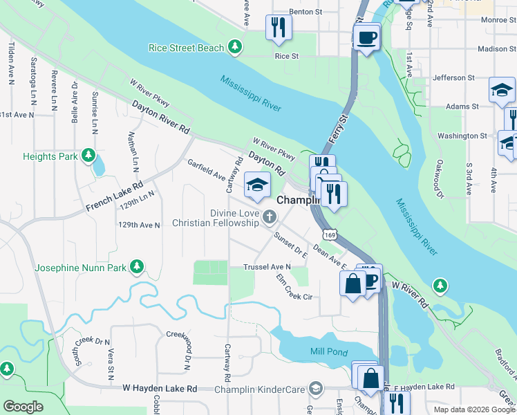 map of restaurants, bars, coffee shops, grocery stores, and more near 111 Dean Avenue West in Champlin
