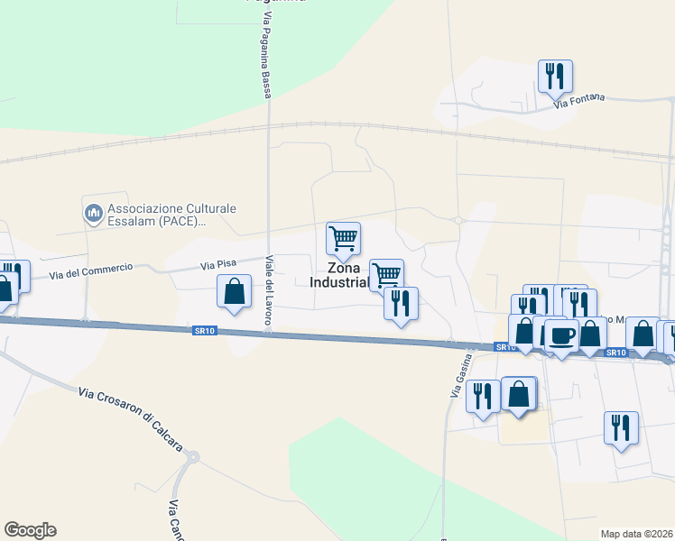 map of restaurants, bars, coffee shops, grocery stores, and more near 1A Via Torino in Zona Industriale