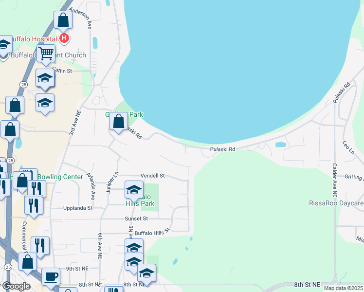 map of restaurants, bars, coffee shops, grocery stores, and more near 1414 Pulaski Road in Buffalo