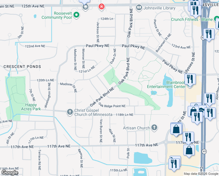 map of restaurants, bars, coffee shops, grocery stores, and more near 12009 Oak Park Boulevard Northeast in Blaine