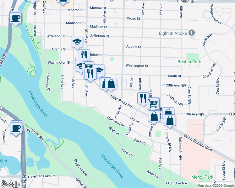 map of restaurants, bars, coffee shops, grocery stores, and more near 1231 7th Avenue in Anoka