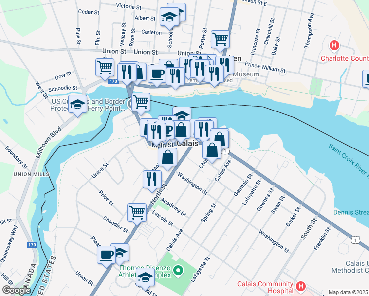 map of restaurants, bars, coffee shops, grocery stores, and more near 117 Main Street in Calais