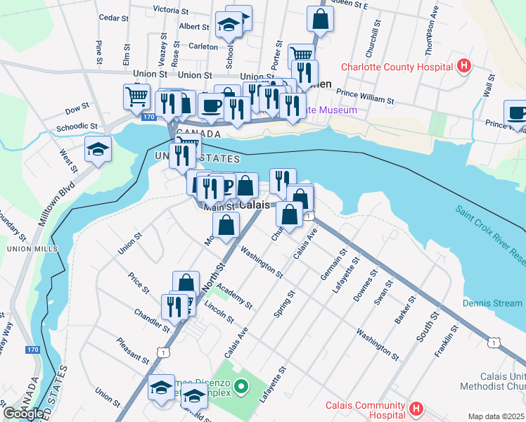 map of restaurants, bars, coffee shops, grocery stores, and more near in Calais