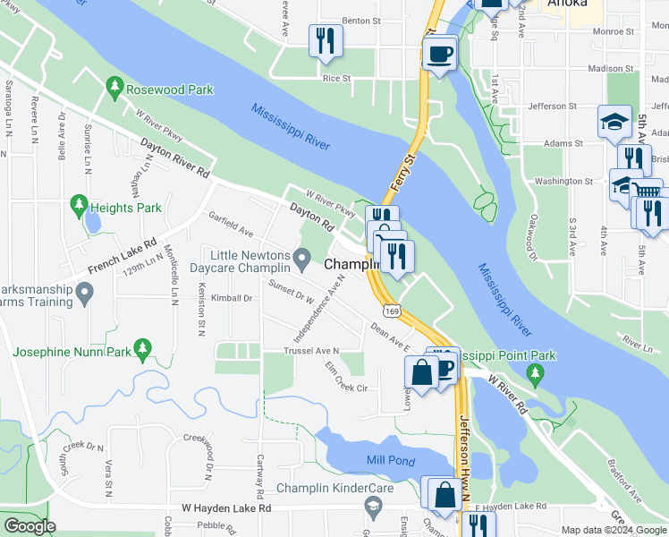 map of restaurants, bars, coffee shops, grocery stores, and more near 345 Colburn Street North in Champlin