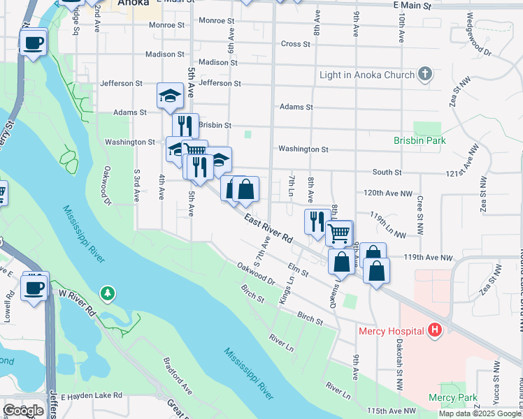 map of restaurants, bars, coffee shops, grocery stores, and more near 637 East River Road in Anoka