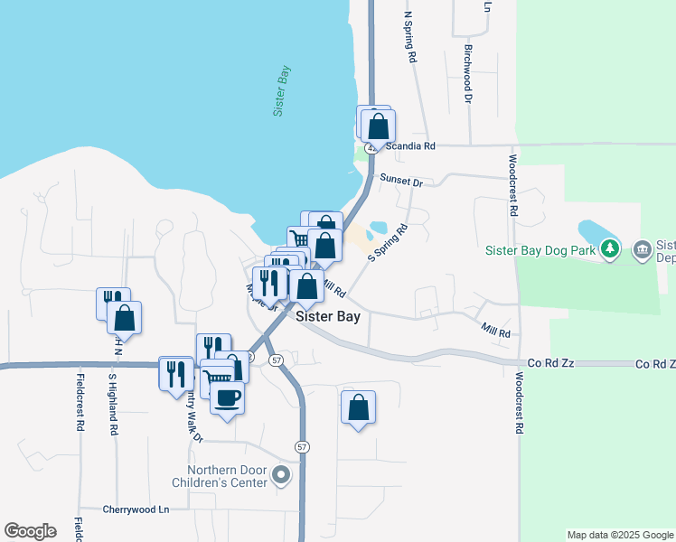 map of restaurants, bars, coffee shops, grocery stores, and more near 10674 North Bay Shore Drive in Sister Bay