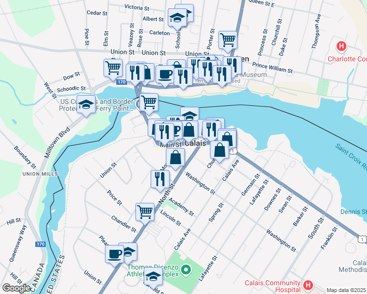 map of restaurants, bars, coffee shops, grocery stores, and more near 117 Main Street in Calais