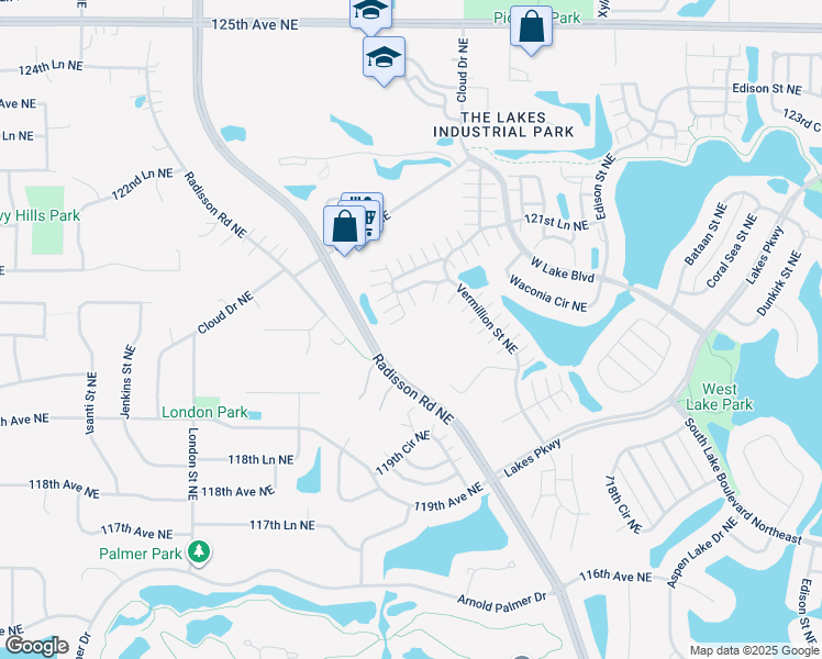 map of restaurants, bars, coffee shops, grocery stores, and more near 11985 Radisson Road Northeast in Blaine