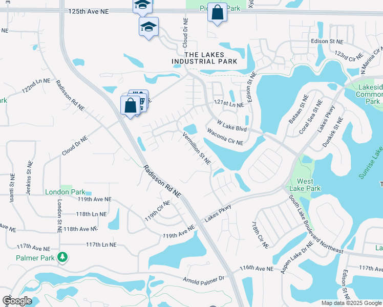 map of restaurants, bars, coffee shops, grocery stores, and more near 12022 Vermillion Street Northeast in Blaine