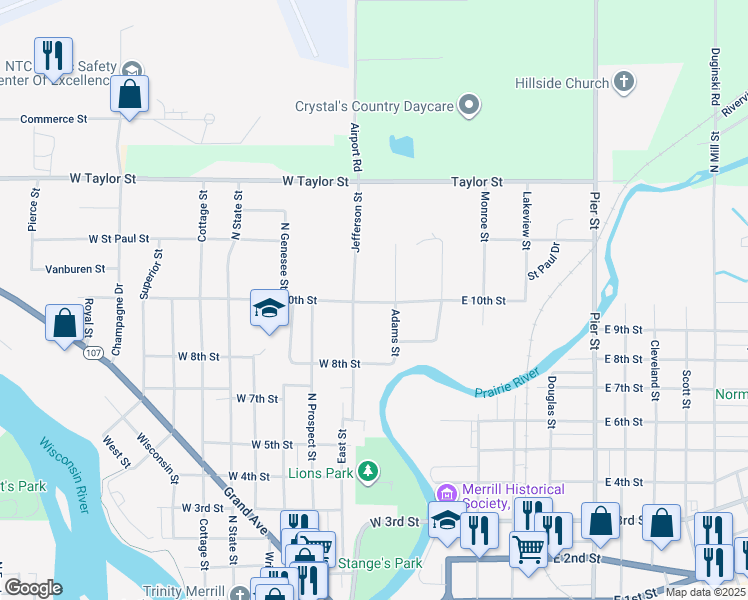 map of restaurants, bars, coffee shops, grocery stores, and more near 220 West 10th Street in Merrill