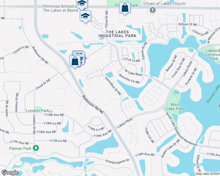 map of restaurants, bars, coffee shops, grocery stores, and more near 12022 Vermillion Street Northeast in Blaine
