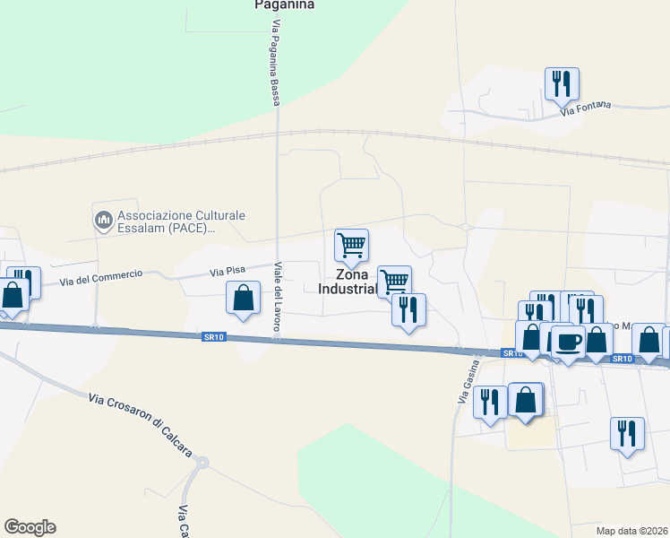 map of restaurants, bars, coffee shops, grocery stores, and more near 1A Via Torino in Zona Industriale