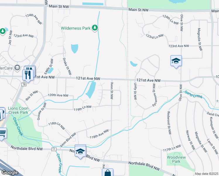map of restaurants, bars, coffee shops, grocery stores, and more near 12058 Xeon Street Northwest in Minneapolis