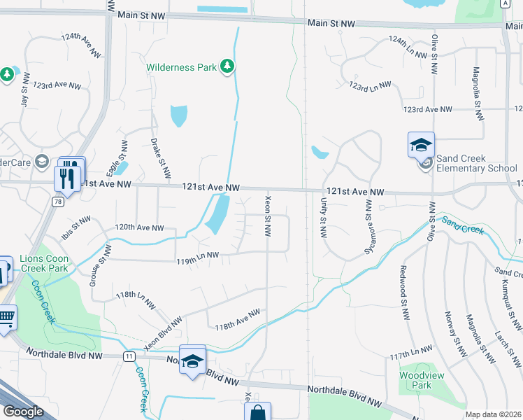 map of restaurants, bars, coffee shops, grocery stores, and more near 12058 Xeon Street Northwest in Minneapolis
