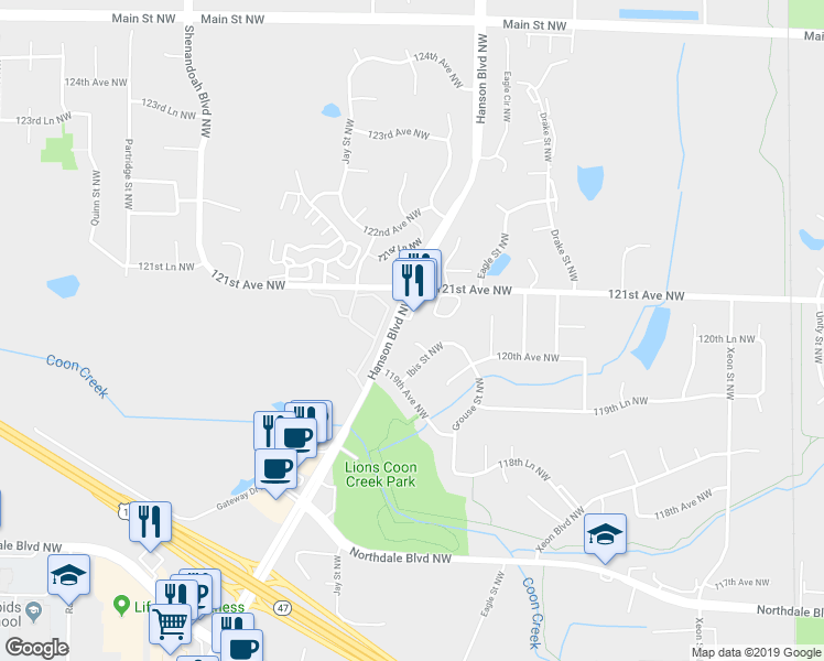 map of restaurants, bars, coffee shops, grocery stores, and more near 12019 Ibis Circle Northwest in Coon Rapids