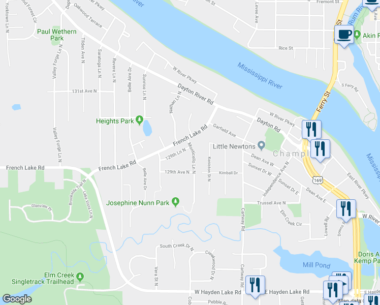 map of restaurants, bars, coffee shops, grocery stores, and more near 12933 Monticello Lane North in Champlin