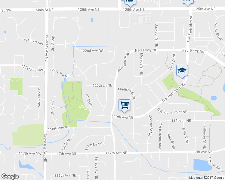 map of restaurants, bars, coffee shops, grocery stores, and more near 12040 Jefferson Street Northeast in Blaine