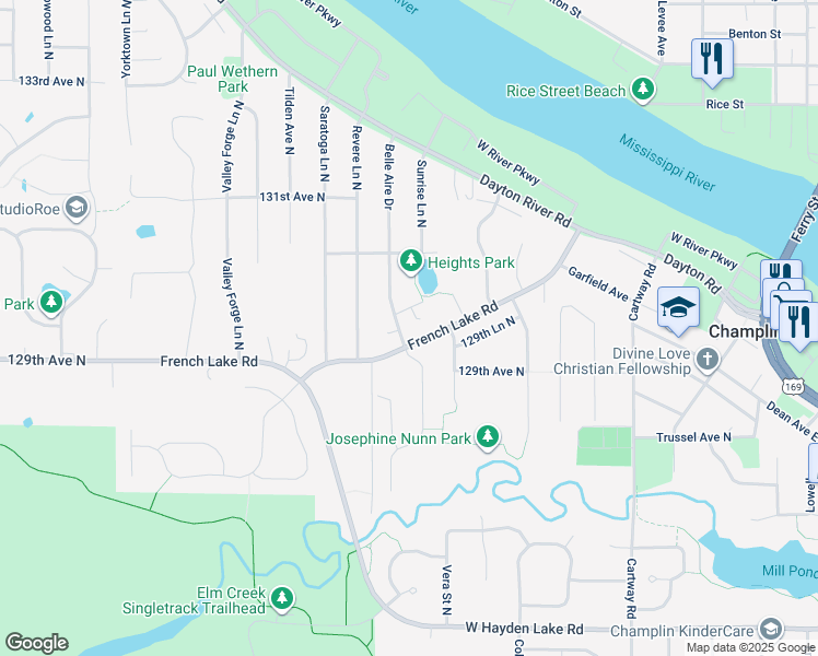 map of restaurants, bars, coffee shops, grocery stores, and more near 12912 Belle Aire Drive in Champlin
