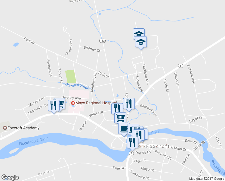 map of restaurants, bars, coffee shops, grocery stores, and more near 84 North Street in Dover-Foxcroft