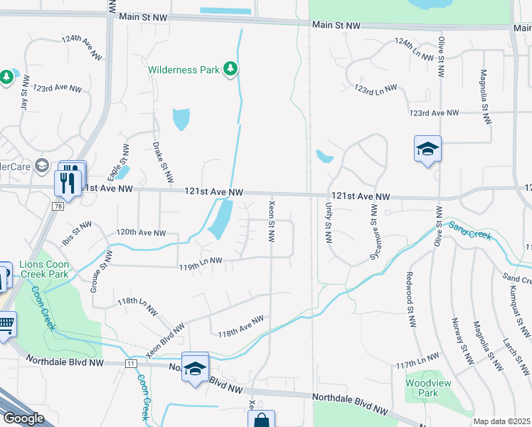 map of restaurants, bars, coffee shops, grocery stores, and more near 12058 Xeon Street Northwest in Minneapolis