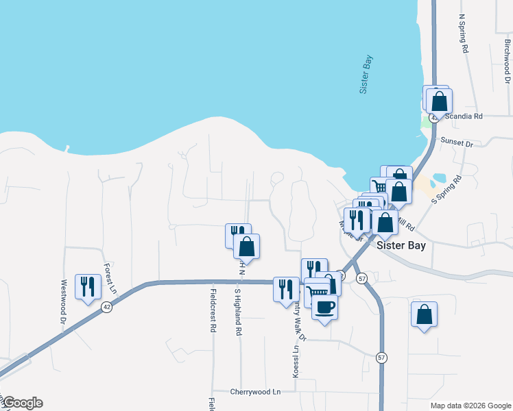 map of restaurants, bars, coffee shops, grocery stores, and more near 2459 Sunnyside Road in Sister Bay