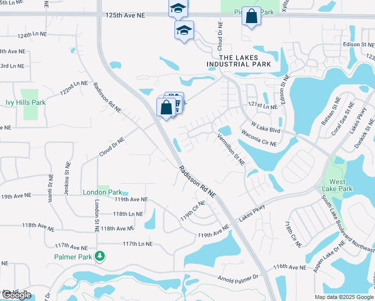 map of restaurants, bars, coffee shops, grocery stores, and more near 11985 Radisson Road Northeast in Blaine