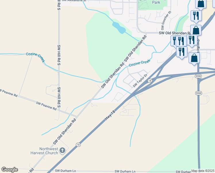map of restaurants, bars, coffee shops, grocery stores, and more near 1910 Southwest Old Sheridan Road in McMinnville