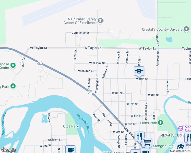 map of restaurants, bars, coffee shops, grocery stores, and more near 1038 West 10th Street in Merrill
