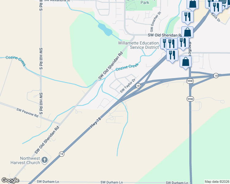 map of restaurants, bars, coffee shops, grocery stores, and more near 1664 Southwest Creekside Lane in McMinnville