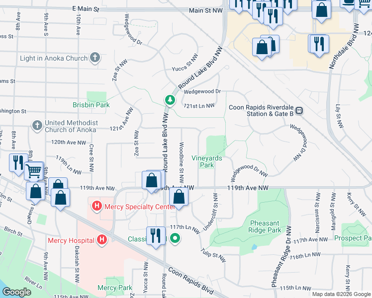 map of restaurants, bars, coffee shops, grocery stores, and more near 12035 Woodbine Street Northwest in Coon Rapids