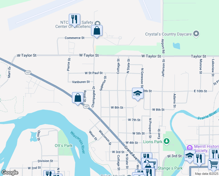 map of restaurants, bars, coffee shops, grocery stores, and more near 1038 West 10th Street in Merrill