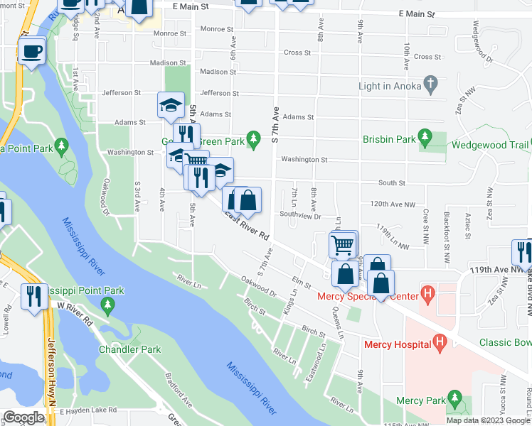 map of restaurants, bars, coffee shops, grocery stores, and more near 1231 7th Avenue in Anoka