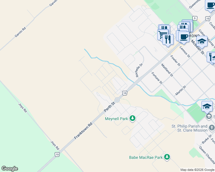 map of restaurants, bars, coffee shops, grocery stores, and more near 6363 Perth Street in Ottawa