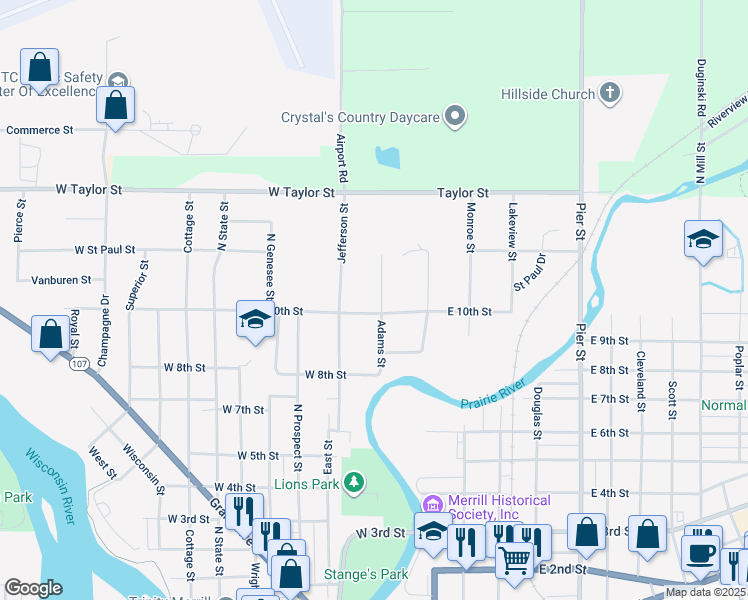 map of restaurants, bars, coffee shops, grocery stores, and more near 220 West 10th Street in Merrill