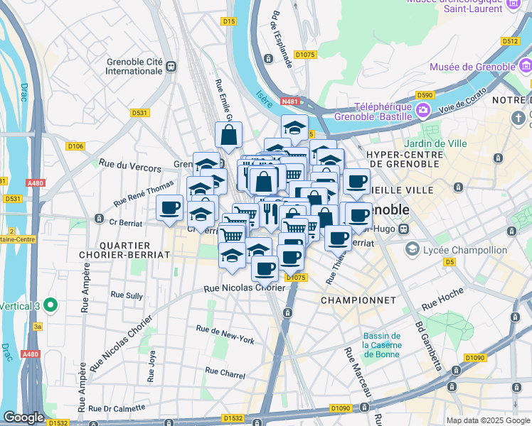 map of restaurants, bars, coffee shops, grocery stores, and more near 2 Square Roger Genin in Grenoble