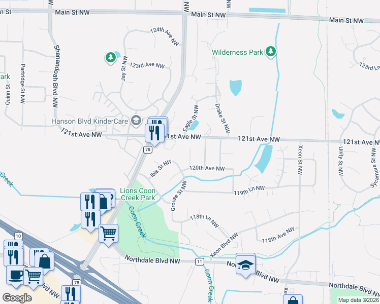 map of restaurants, bars, coffee shops, grocery stores, and more near 12049 Flamingo Street Northwest in Minneapolis