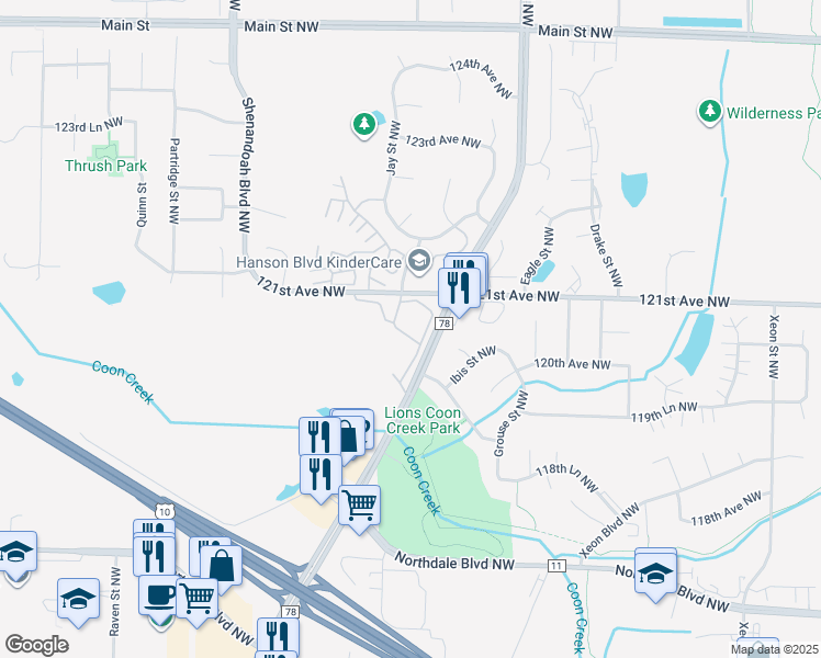 map of restaurants, bars, coffee shops, grocery stores, and more near 1730 121st Avenue Northwest in Minneapolis