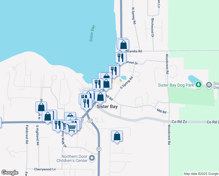 map of restaurants, bars, coffee shops, grocery stores, and more near 10674 North Bay Shore Drive in Sister Bay