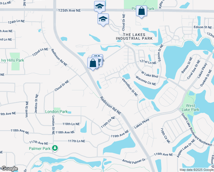 map of restaurants, bars, coffee shops, grocery stores, and more near 11985 Radisson Road Northeast in Blaine