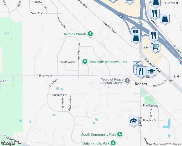 map of restaurants, bars, coffee shops, grocery stores, and more near 21908 129th Avenue North in Rogers
