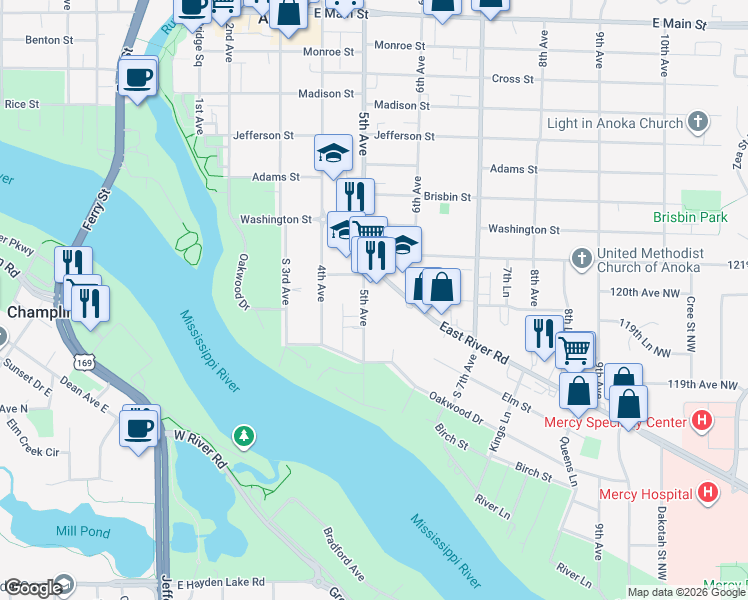 map of restaurants, bars, coffee shops, grocery stores, and more near 1264 5th Avenue in Anoka